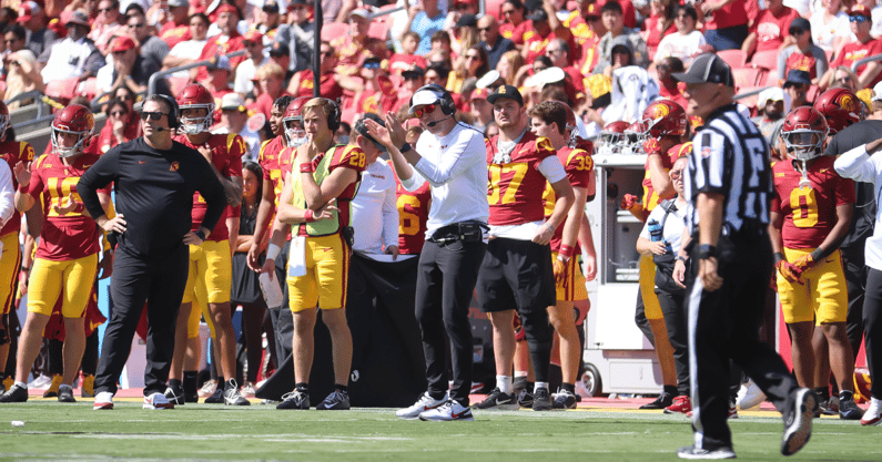 USC head coach Lincoln Riley reacts on the sideline during a game between the Trojans and Wisconsin Badgers