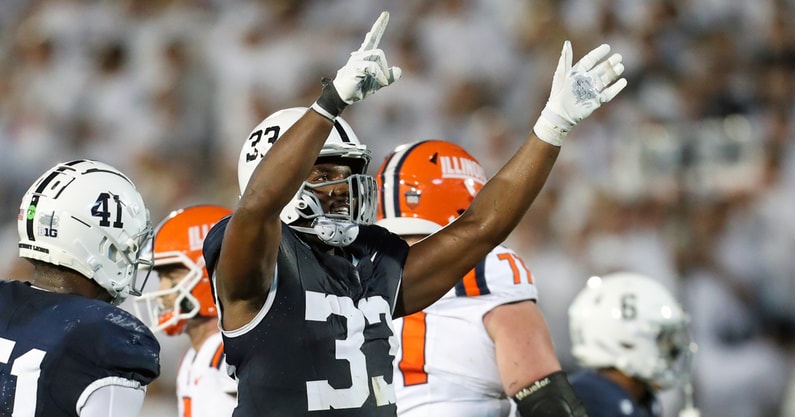 Penn State Nittany Lions defensive end Dani Dennis-Sutton (33) reacts following a false start call against the Illinois Fighting Illini during the second quarter at Beaver Stadium. (Mandatory Credit: Matthew O'Haren-Imagn Images)