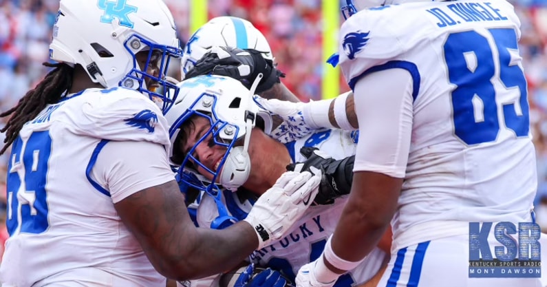 Kentucky tight end Josh Kattus celebrates after recovering a fumble in the end zone vs. Ole Miss - Mont Dawson, Kentucky Sports Radio