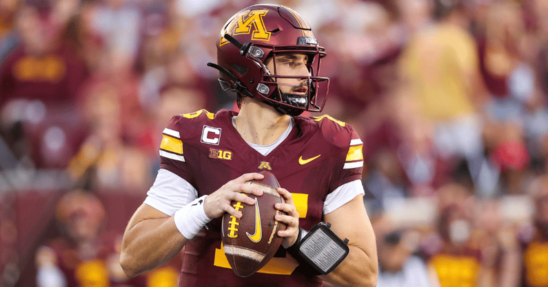 Minnesota Golden Gophers quarterback Max Brosmer (16) looks to pass against the Iowa Hawkeyes during the first half at Huntington Bank Stadium