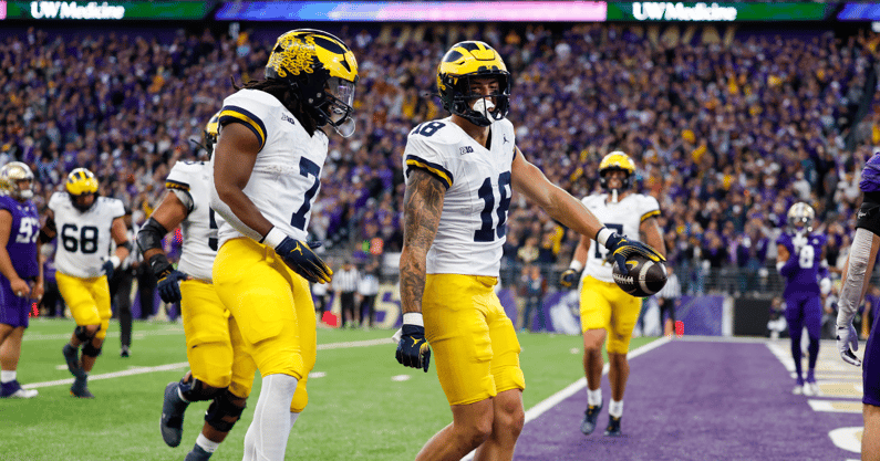 Michigan Wolverines football tight end Colston Loveland recorded a touchdown reception in a loss at Washington. (Photo by Joe Nicholson-Imagn Images)