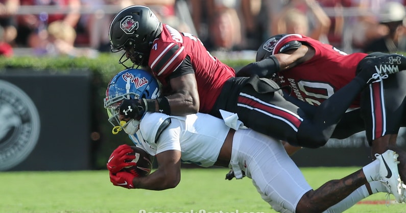 South Carolina football defensive back Nick Emmanwori makes a tackle during the Ole Miss game-Credit CJ Driggers GamecockCentral
