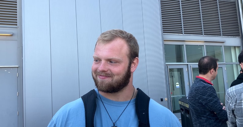 Iowa offensive lineman Logan Jones speaks with the media. (Photo by Kyle Huesmann)