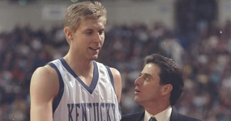 Rick Pitino talks to Mark Pope at Kentucky Photo via Jonathan Daniel of Getty Images