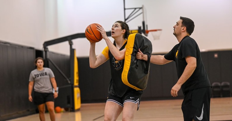 Iowa freshman center Ava Heiden goes up for a basket in practice. (Photo by Dennis Scheidt)