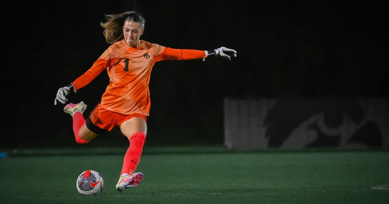 Iowa goalkeeper Macy Enneking plays a ball against Penn State. (Photo by Dennis Scheidt)