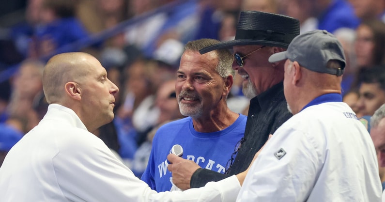 Mark Pope greets Richie Farmer and others at Big Blue Madness - Dr. Michael Huang, Kentucky Sports Radio