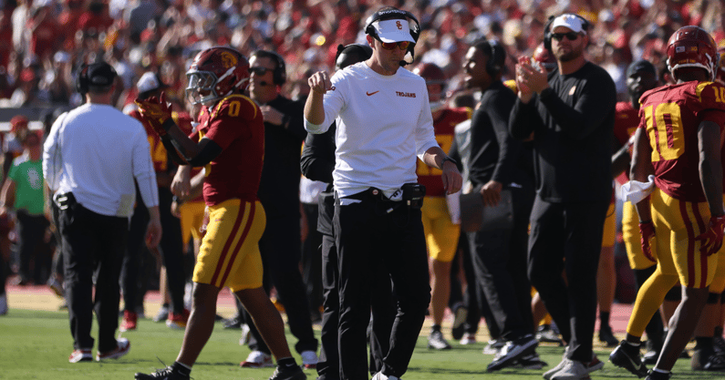 USC head coach Lincoln Riley reacts on the sidelines during a game against Penn State