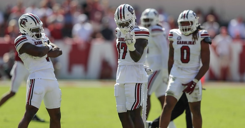 South Carolina football defenders celebrate a play against Alabama (Photo: CJ Driggers | GamecockCentral.com)