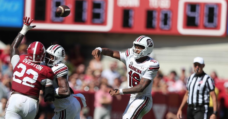 South Carolina quarterback LaNorris Sellers against Alabama this season (C.J. Driggers/GamecockCentral).
