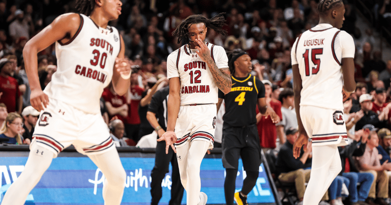 South Carolina basketball players Collin Murray-Boyles (30), Zach Davis (12), and Morris Ugusuk (15). Mandatory Credit: Jeff Blake-Imagn Images