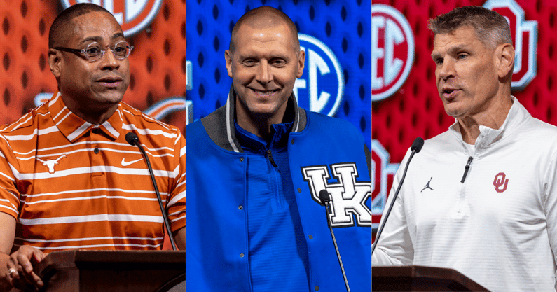 Oct 15, 2024; Birmingham, AL, USA; Rodney Terry, Mark Pope and Porter Moser talk with the media during SEC Media Days at Grand Bohemian Hotel. Mandatory Credit: Vasha Hunt-Imagn Images