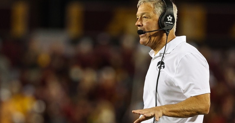 Sep 21, 2024; Minneapolis, Minnesota, USA; Iowa Hawkeyes head coach Kirk Ferentz looks on during the first half against the Minnesota Golden Gophers at Huntington Bank Stadium. Mandatory Credit: Matt Krohn-Imagn Images
