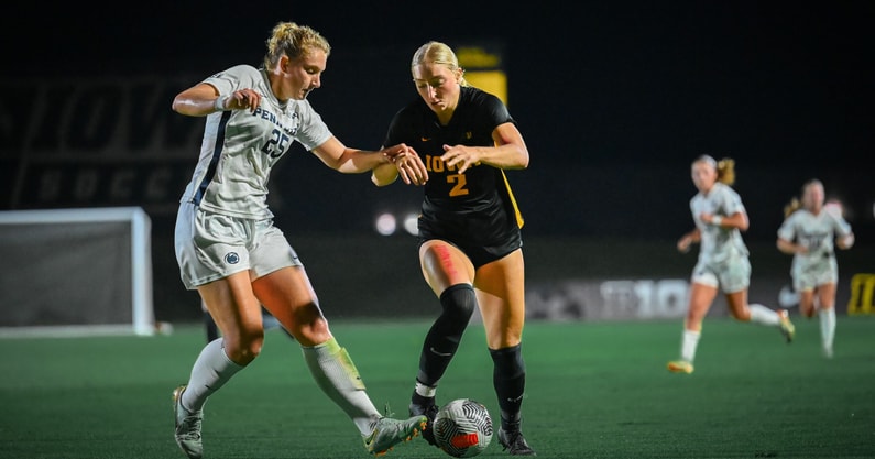 Iowa forward Berit Parten plays the ball against Penn State. (Photo by Dennis Scheidt)
