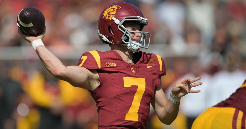 USC Trojans quarterback Miller Moss (7) throws a pass in the first half against the Penn State Nittany Lions United Airlines Field at Los Angeles Memorial Coliseum