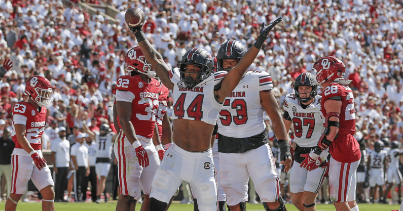 South Carolina football tight end and special teamer Moe Brown celebrating a successful 2-point converstion (Photo by: CJ Driggers | GamecockCentral.com)