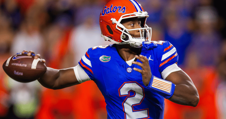 Florida Gators quarterback DJ Lagway (2) looks to pass during the first half at Ben Hill Griffin Stadium in Gainesville, FL on Saturday, October 19, 2024 against the Kentucky Wildcats. [Doug Engle/Gainesville Sun]