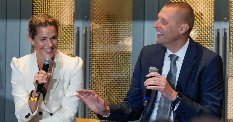 Kentucky coach Mark Pope and his wife Lee Anne shared a laugh about their first date on stage at the Greater Louisville UK Alumni Club tip off luncheon. Monday, October 21, 2024 (Syndication: The Courier-Journal, USA Today)