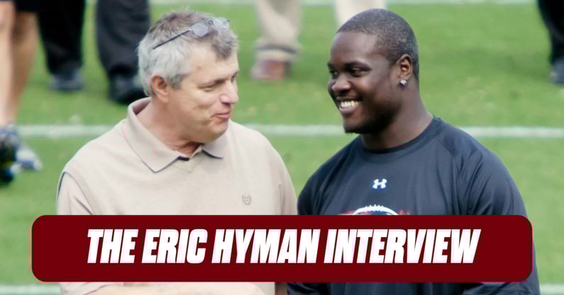 Eric Hyman speaks with former South Carolina DL Melvin Ingram (Original Photo Credit: Mandatory Credit: Jeff Blake-USA TODAY Sports)