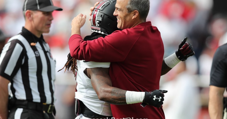 South Carolina football's Shane Beamer and Debo Williams during the Oklahoma game on Oct. 19, 2024 (C.J. Driggers/GamecockCentral.com)