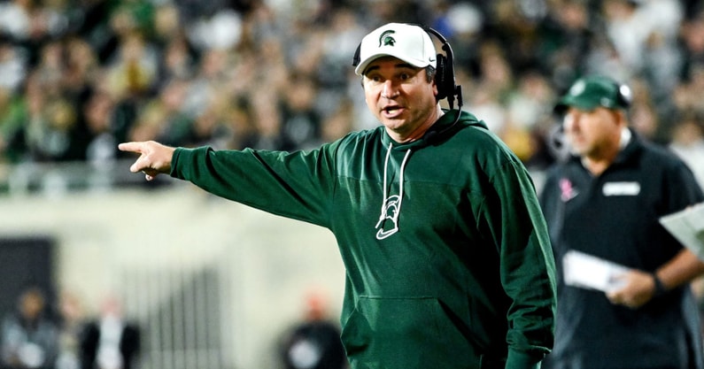 Michigan State's head coach Jonathan Smith calls out to a referee in the second quarter in the game against Iowa on Saturday, Oct. 19, 2024, at Spartan Stadium in East Lansing - Nick King, USA TODAY Sports