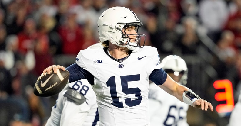 Penn State Nittany Lions quarterback Drew Allar (15) throws a pass during the first quarter against the Wisconsin Badgers at Camp Randall Stadium. Mandatory Credit: Jeff Hanisch-Imagn Images
