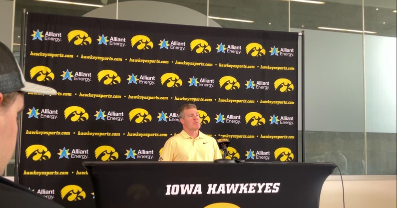 Iowa wrestling head coach Tom Brands speaks at team media day. (Photo by Kyle Huesmann)