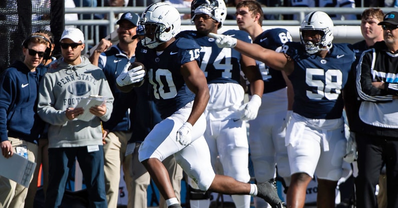 Penn State running back Nick Singleton (10) runs down the sideline in the first half of an NCAA football game against Ohio State, Saturday, Nov. 2, 2024, in State College, Pa. (Dan Rainville / USA TODAY NETWORK via Imagn Images)