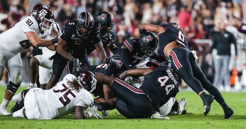 South Carolina defenders rally to the football against Texas A&M (Photo: Katie Dugan | GamecockCentral.com)