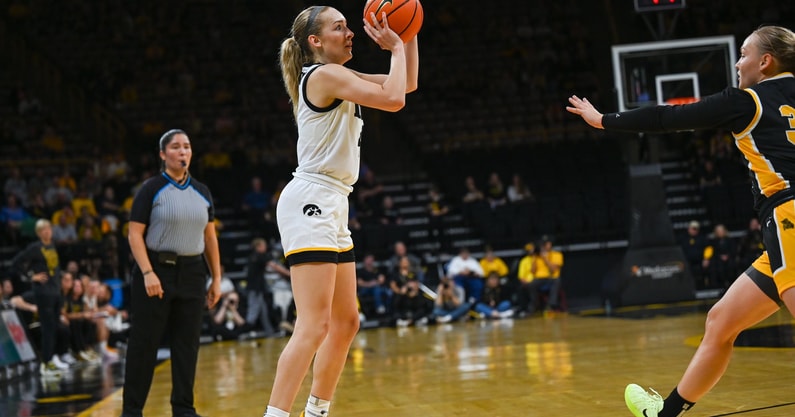 Iowa guard Kylie Feuerbach shoots a three-pointer against MWSU. (Photo by Dennis Scheidt)
