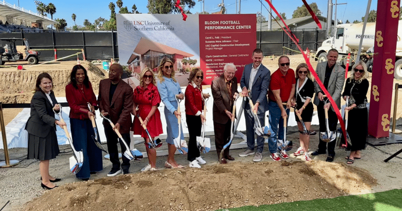 USC personnel including athletic director Jen Cohen, president Carol L. Folt and head football coach Lincoln Riley at the groundbreaking ceremony for the Bloom Football Performance Center
