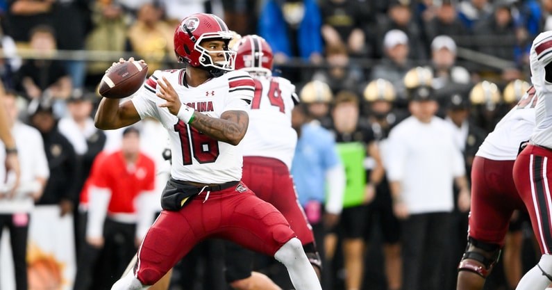 Nov 9, 2024; Nashville, Tennessee, USA; South Carolina Gamecocks quarterback LaNorris Sellers (16) passes the ball against the Vanderbilt Commodores during the first half at FirstBank Stadium. Mandatory Credit: Steve Roberts-Imagn Images