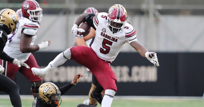 South Carolina football running back Rocket Sanders shaking free from a Vanderbilt tackle. Photo by: CJ Driggers | GamecockCentral