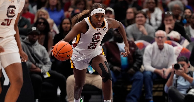 Nov 10, 2024; Charlotte, NC, USA; South Carolina Gamecocks guard Raven Johnson (25) brings the ball up court against the NC State Wolfpack during the first half of the Ally Tip Off at Spectrum Center. Mandatory Credit: Jim Dedmon-Imagn Images