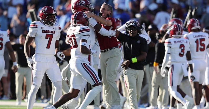 South Carolina football coach Shane Beamer celebrating a big play from his defense earlier this season. Photo by: CJ Driggers | GamecockCentral