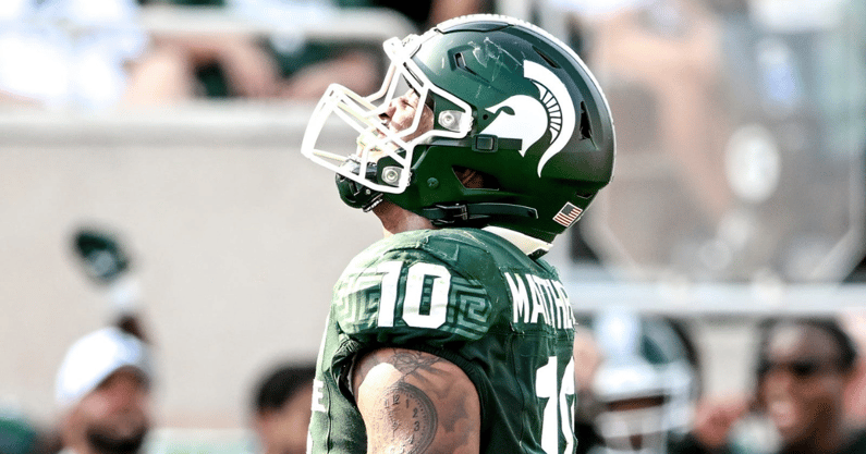 Michigan State's Wayne Matthews III celebrates after a tackle for a loss against Prairie View A&M during the second quarter on Saturday, Sept. 14, 2024, at Spartan Stadium in East Lansing - Nick King, USA TODAY Sports