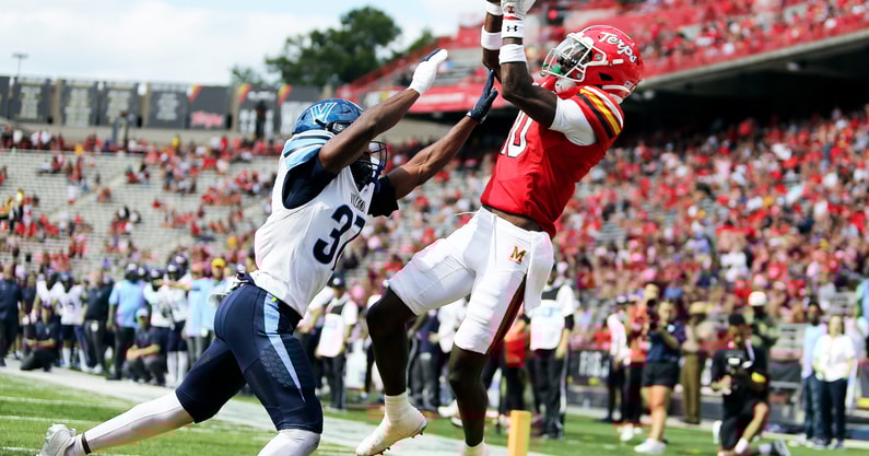 Maryland Terrapins wide receiver Tai Felton makes a touchdown catch against Villanova. (Photo by Daniel Kucin Jr.-Imagn Images)