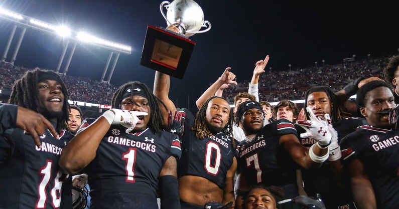 South Carolina football celebrating its Mayor's Cup victory. Photo by Katie Dugan, GamecockCentral.com