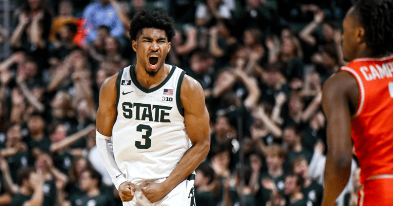 Michigan State's Jaden Akins celebrates after a 3-pointer against Bowling Green during the second half on Saturday, Nov. 16, 2024, Breslin Center in East Lansing - Nick King, USA TODAY Sports