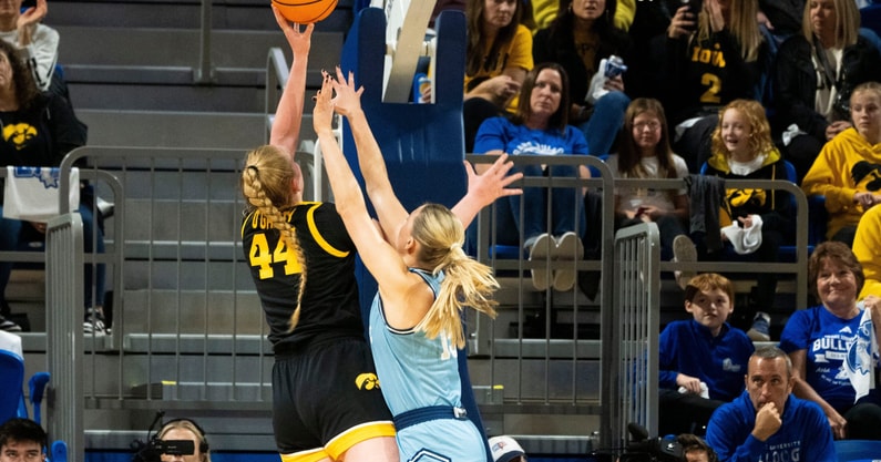 Iowa center Addison O'Grady attempts a shot against Drake. (Photo by Lily Smith/The Register)