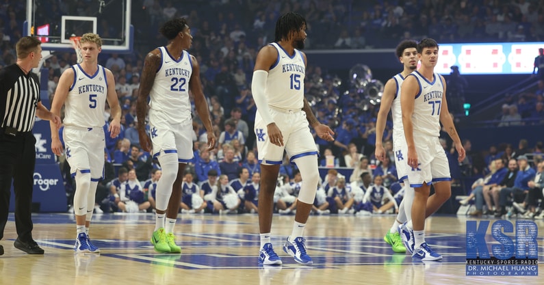 Kentucky's Kerr Kriisa (77), Koby Brea (4), Ansley Almonor (15), Amari Williams (22), and Collin Chandler (5) during a game - Dr. Michael Huang, Kentucky Sports Radio