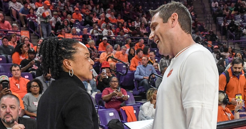 University of South Carolina Head Coach Dawn Staley, left, and Clemson Coach Shawn Poppie shake hands before tipoff at Littlejohn Coliseum Wednesday, November 20, 2024; Clemson, SC, USA. (Syndication: The Anderson Independent Mail)