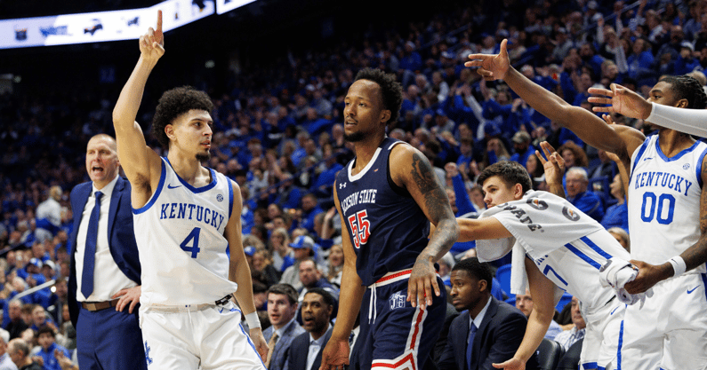Kentucky Wildcats guard Koby Brea (4) celebrates after making a three point basket during the second half against the Jackson State Tigers at Rupp Arena at Central Bank Center. Mandatory Credit: Jordan Prather-Imagn Images