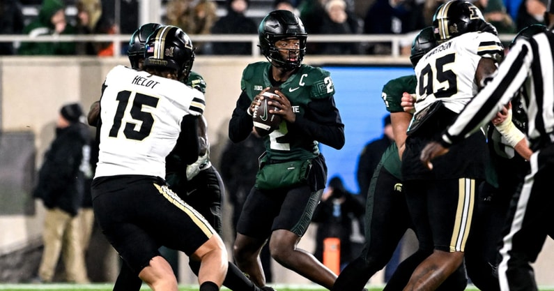 Michigan State's Aidan Chiles looks to throw against Purdue during the fourth quarter on Friday, Nov. 22, 2024, at Spartan Stadium in East Lansing - Nick King, USA TODAY Sports
