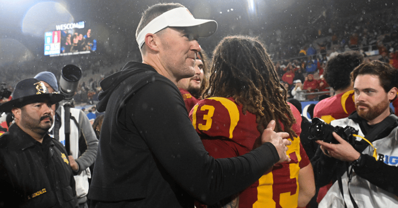 USC Trojans head coach Lincoln Riley smiles after Trojans defeat the UCLA Bruins at Rose Bowl