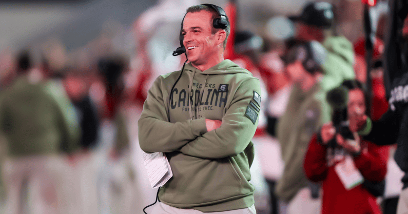 Nov 23, 2024; Columbia, South Carolina, USA; South Carolina Gamecocks head coach Shane Beamer directs his team against the Wofford Terriers in the second half at Williams-Brice Stadium. Mandatory Credit: Jeff Blake-Imagn Images