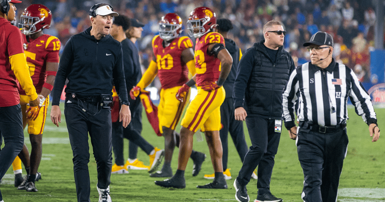 USC head coach Lincoln Riley reacts on the sideline during a game between the Trojans and UCLA Bruins