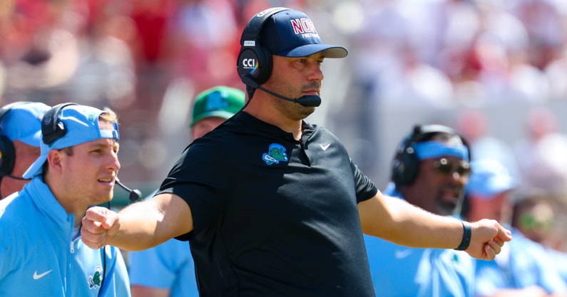 Tulane Green Wave head coach Jon Sumrall reacts during the first half against the Oklahoma Sooners at Gaylord Family-Oklahoma Memorial Stadium. Mandatory Credit: Kevin Jairaj-Imagn Images