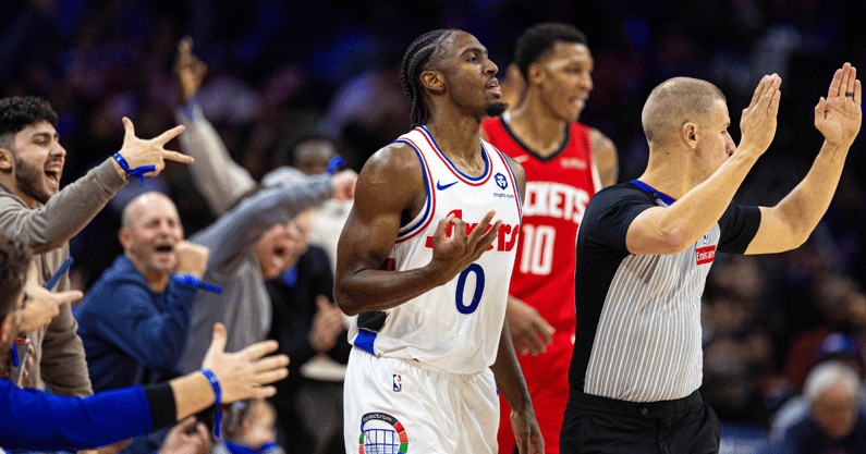 Philadelphia 76ers guard Tyrese Maxey (0) reacts to his three pointer against the Houston Rockets during the third quarter at Wells Fargo Center - Bill Streicher, Imagn Images