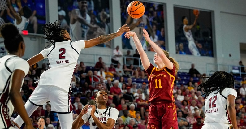 South Carolina Gamecocks forward Ashlyn Watkins (2) blocks a shot attempt from Iowa State Cyclones guard Emily Ryan (11) during the second quarter of a Fort Myers Tip-Off Island Division game at Suncoast Credit Union Arena in Fort Myers, Fla., on Thursday, Nov. 28, 2024. © Jonah Hinebaugh/The News-Press/USA Today Network-Florida / USA TODAY NETWORK via Imagn Images